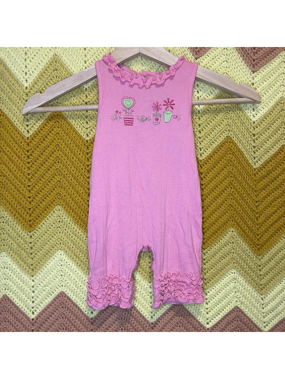 Simply Basic Pink Ruffled Vintage Y2K Romper With Embroidery Sz 0/3  Baby Girls